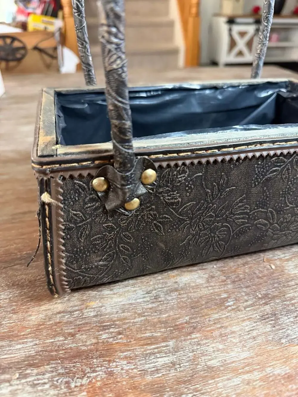 Faux Leather Embossed Floral Purse Style Decorative Planter Basket